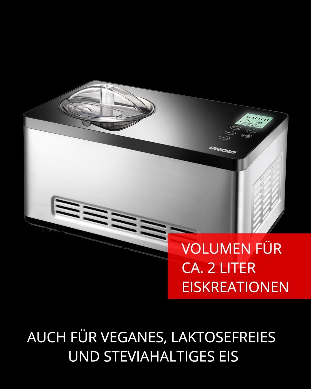 UNOLD 48845 Eismaschine Gusto - mit selbstkühlendem Kompressor, 180 W, 2 L Volumen, elegantes Edelstahlgehäuse, LCD-Display, Digitaler Timer