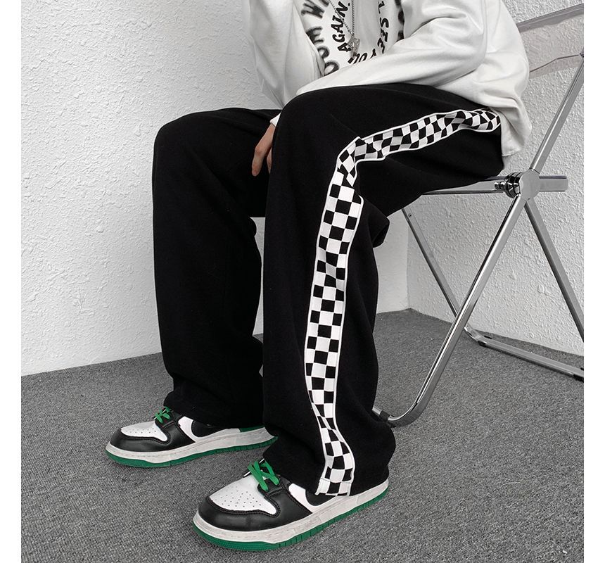 Maisee - Hoge taille checkerboard paneel losse pasvorm joggingbroek