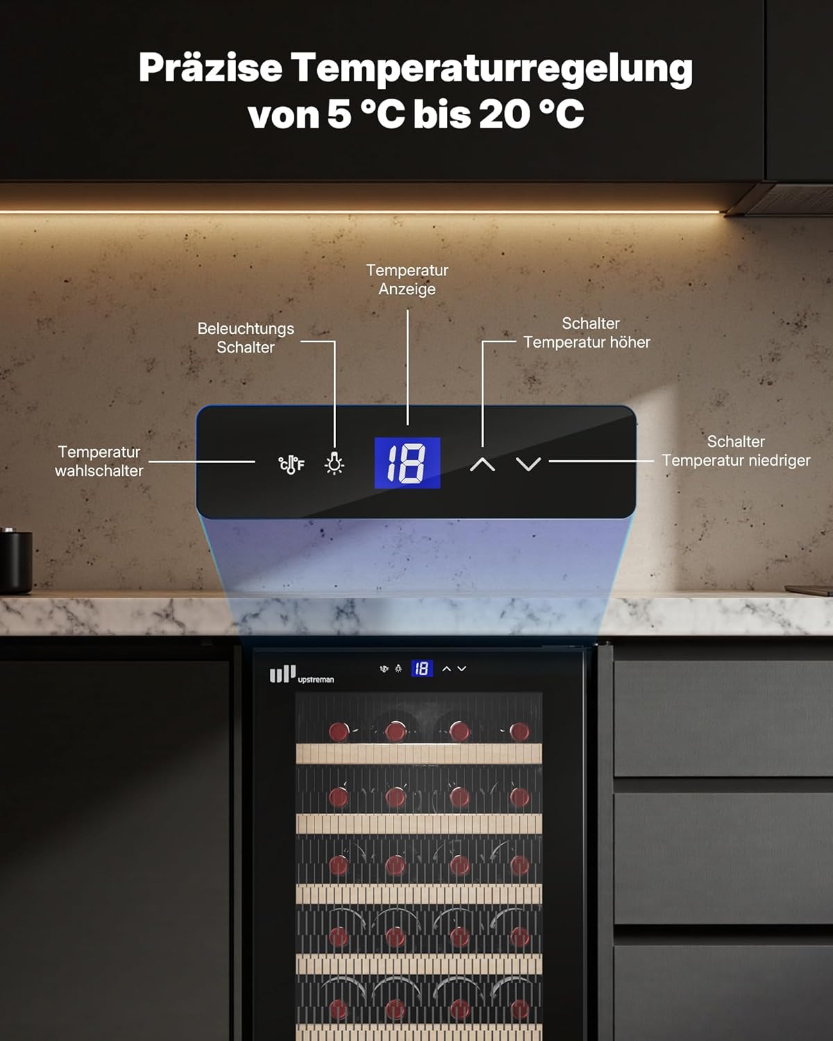 Upstreman 95L Weinkühlschrank mit Vollglas-Tür – Kapazität max. 41 Flaschen, 5°C - 20°C einstellbar, mit Doppelverglasung, Touch-Display, LED-Beleuchtung, 5 Einlegeböden, W41-Schwarz
