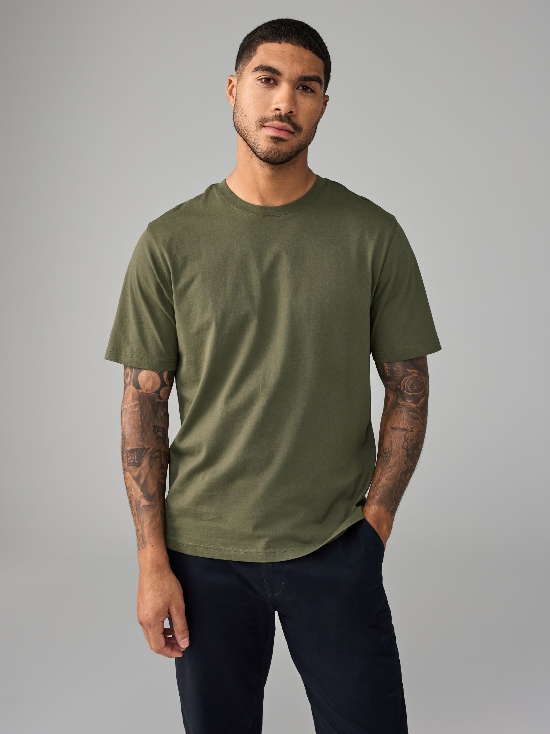 Groen-kaki - Normale Pasvorm - Essentieel katoenen T-shirt met ronde hals