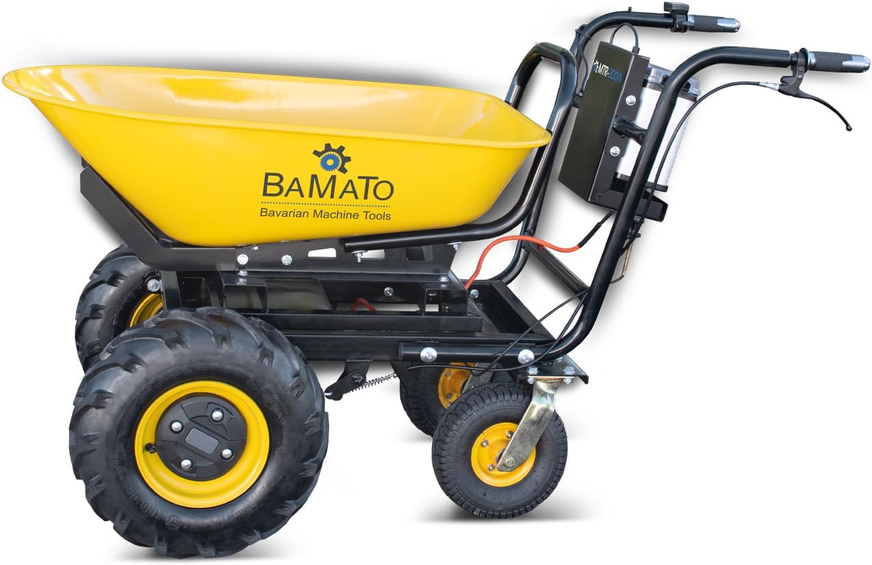 BAMATO Elektrische Schubkarre MTR-300W | Elektroantrieb | 300 kg Traglast | 400W Motorleistung | Max. 6,0 km/h vorwärts | Muldenvolumen 100 Liter | Stufenlose Geschwindigkeit | Schubwagen Schubkarren