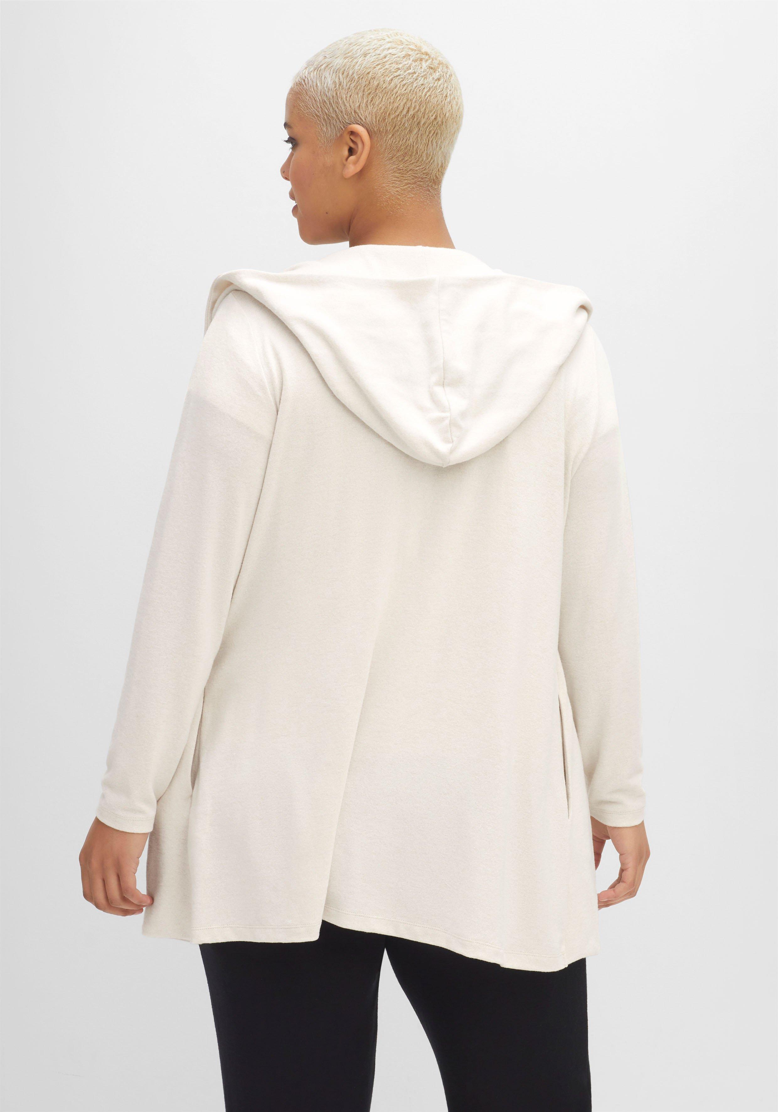 Longstrickjacke mit Kapuze, in offener Zipfelform