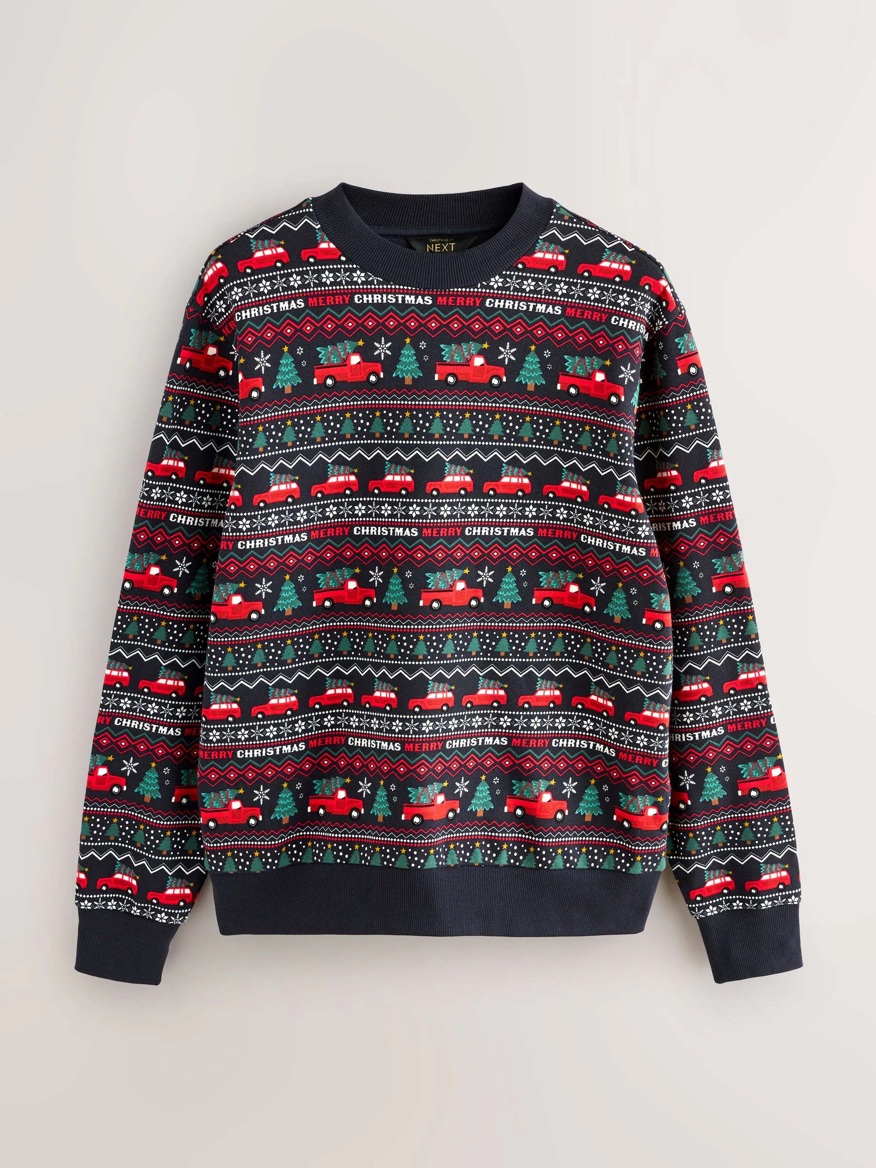 Marineblauw met fairislemotief - Kersttrui met patroon en ronde hals