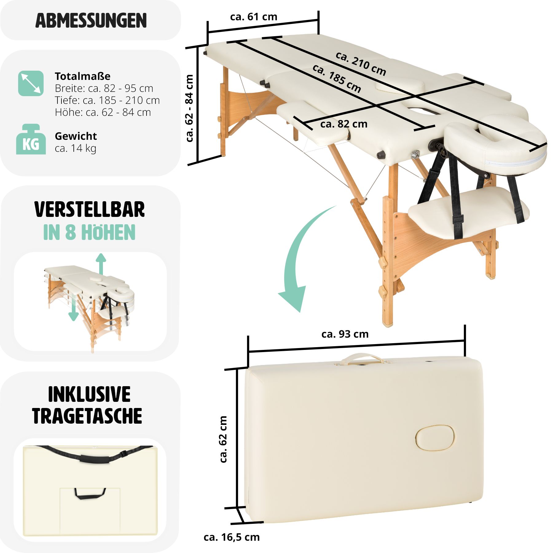 tectake® 2 Zonen Massageliege, mit Holzgestell, verstellbare Ablagen für Kopf und Arme, 210 x 95 x 62 - 84 cm