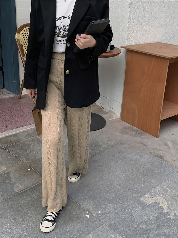 Beaustreet - Elastische taille, effen kabelgebreide broek met wijde pijpen