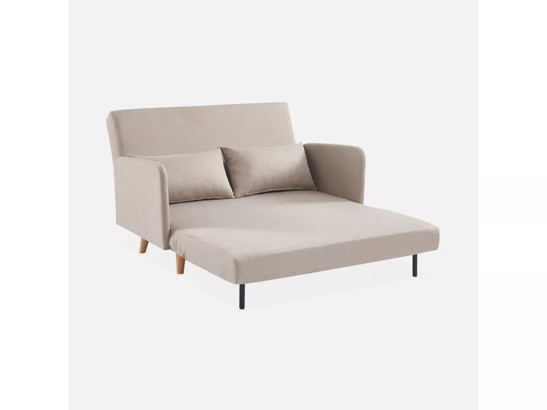 Canapé convertible en tissu - Panam - 2 places scandinave. pieds bois clair. beige. banquette. dossier inclinable