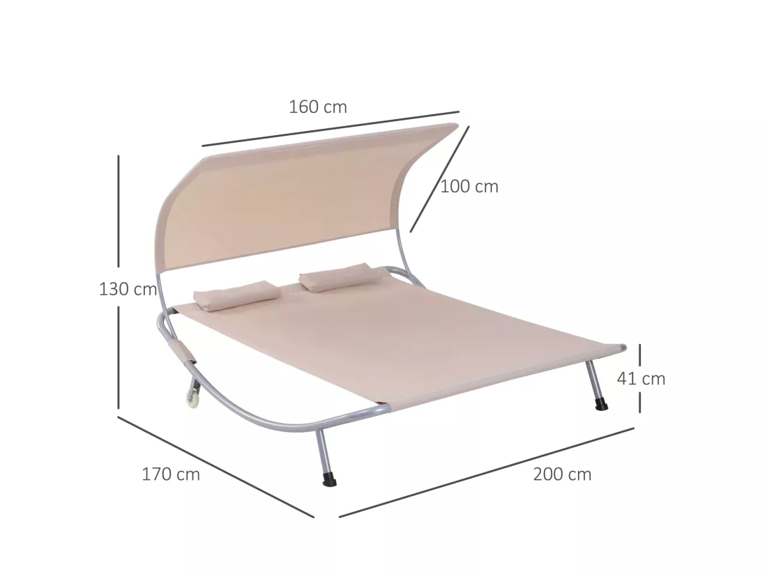 Bain de soleil 2 places lit de jardin design contemporain toit réglable 2 roulettes 2 oreillers acier époxy polyester sable