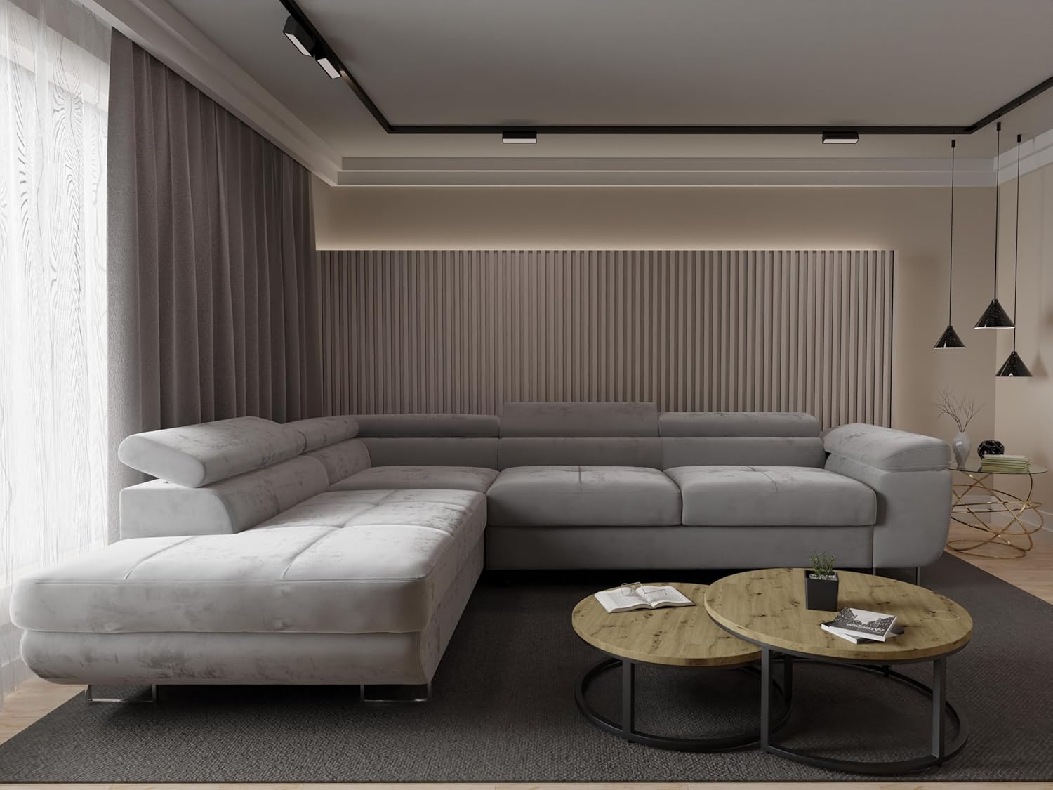 Ecksofa Luna mit Schlaffunktion und Bettkasten – 275x202 cm – verstellbare Kopfstützen – Liegefläche 193x125 cm – Couch – Schlafsofa – L-Sofa mit Stauraum (Monolith 84 Hellgrau, Seite: Links)