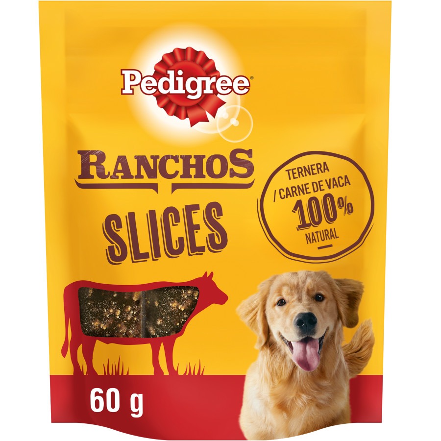 Petiscos Pedigree Ranchos Slices com sabor de carne para cães.