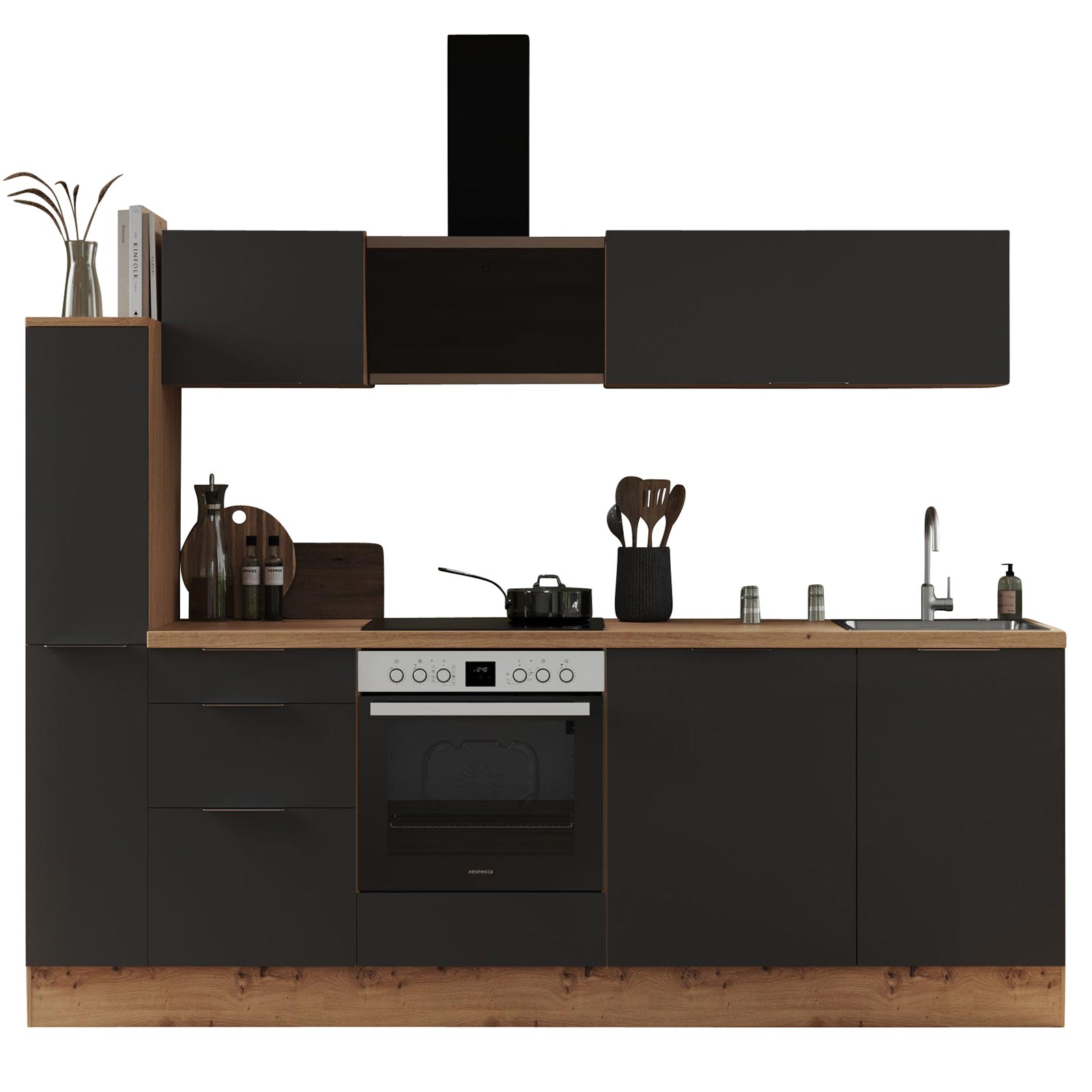 RESPEKTAKüchenblock - grau matt - Artisan Eiche - mit E-Geräten - 250 cm