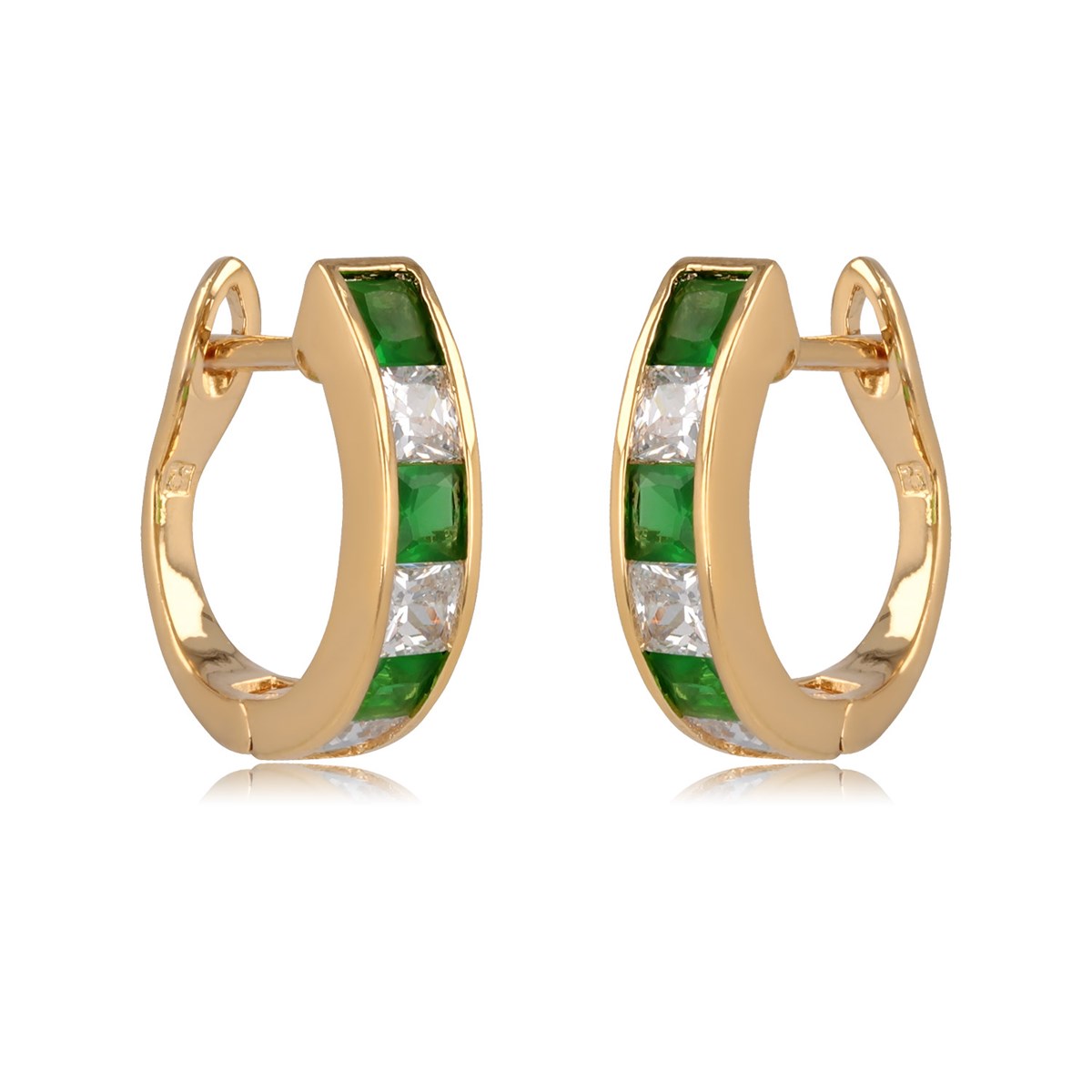 Boucles d'oreille Créoles plaqué or pierres vertes synthétiques et cubic zirconia