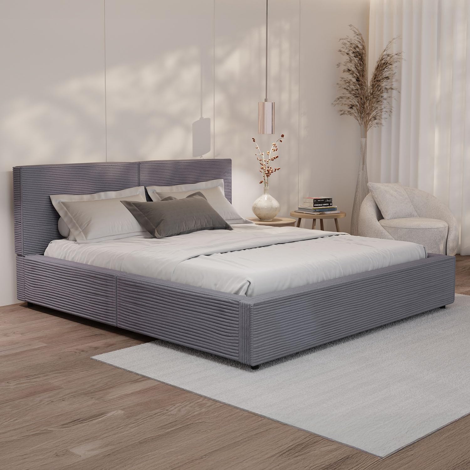 Juskys Polsterbett Salerno 180 x 200 cm – Cord Grau, modernes Bett mit Kopf- & Fußteil, stabilem Holz- & Metallrahmen, Lattenrost, 500 kg Tragkraft