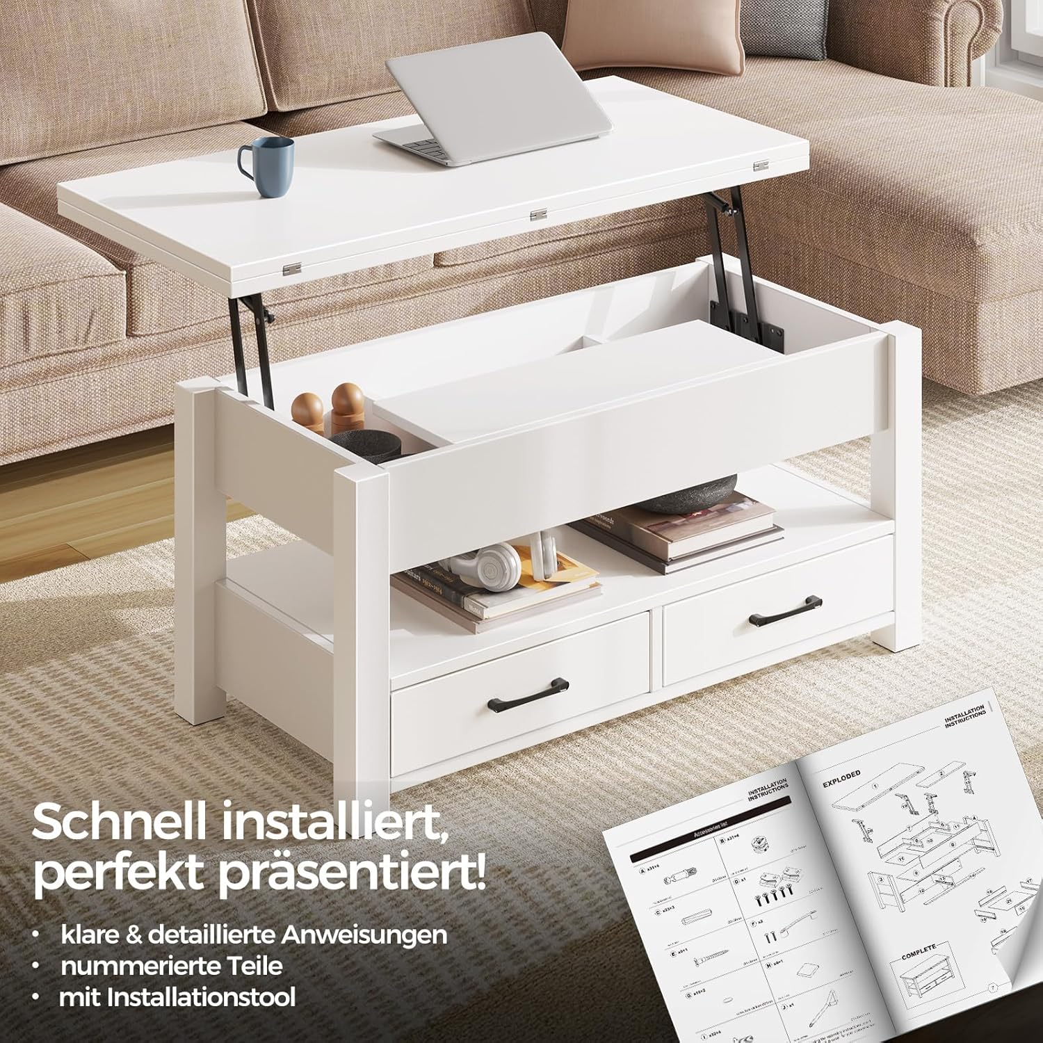 Rolanstar Höhenverstellbarer Couchtisch mit 2 Schubladen, 100 x 50 cm Wohnzimmertisch aus Holz,Platzsparend & Einfach Montiert für Schlafzimmer, weiß