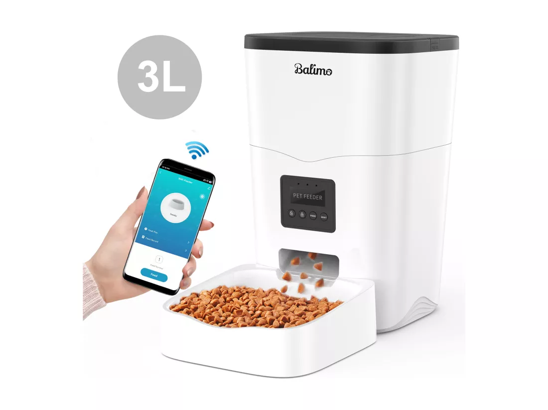 Balimo WIFI Distributeur de Croquettes 3L pour Chats/Chiens Télécommande Téléphone portable LCD,Adaptateur Secteur/Batterie,Fonction d'enregistrement