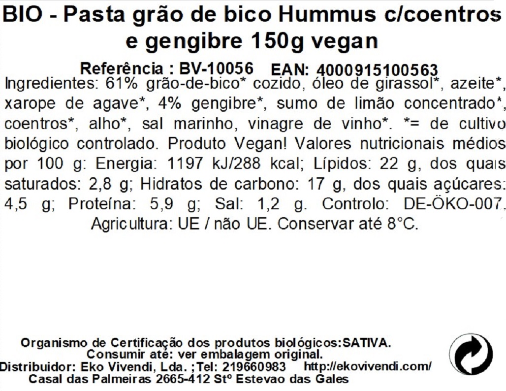 HUMMUS BIO VERDE COENTROS E GENGIBRE BIO 150G