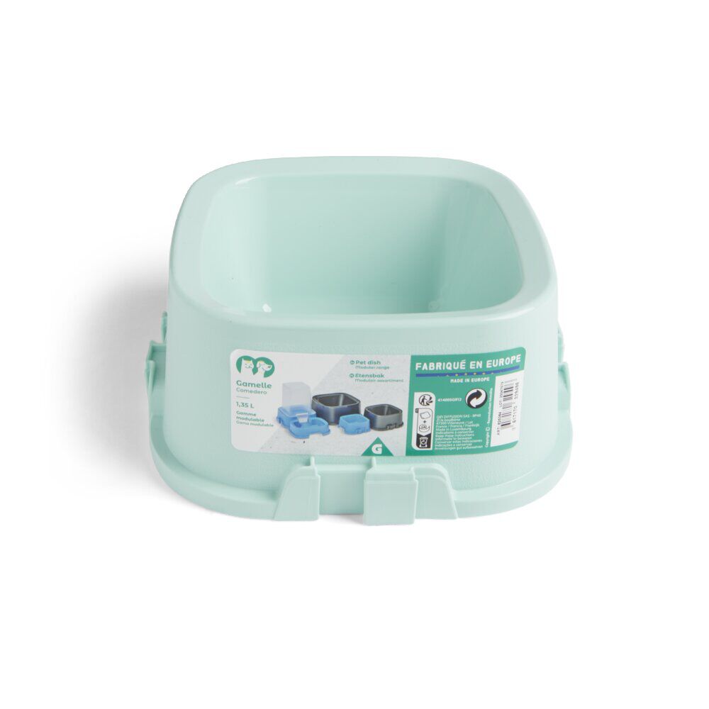 Gamelle carrée pour chien plastique vert 1,35L - 21,5x21,5xH.9,4cm