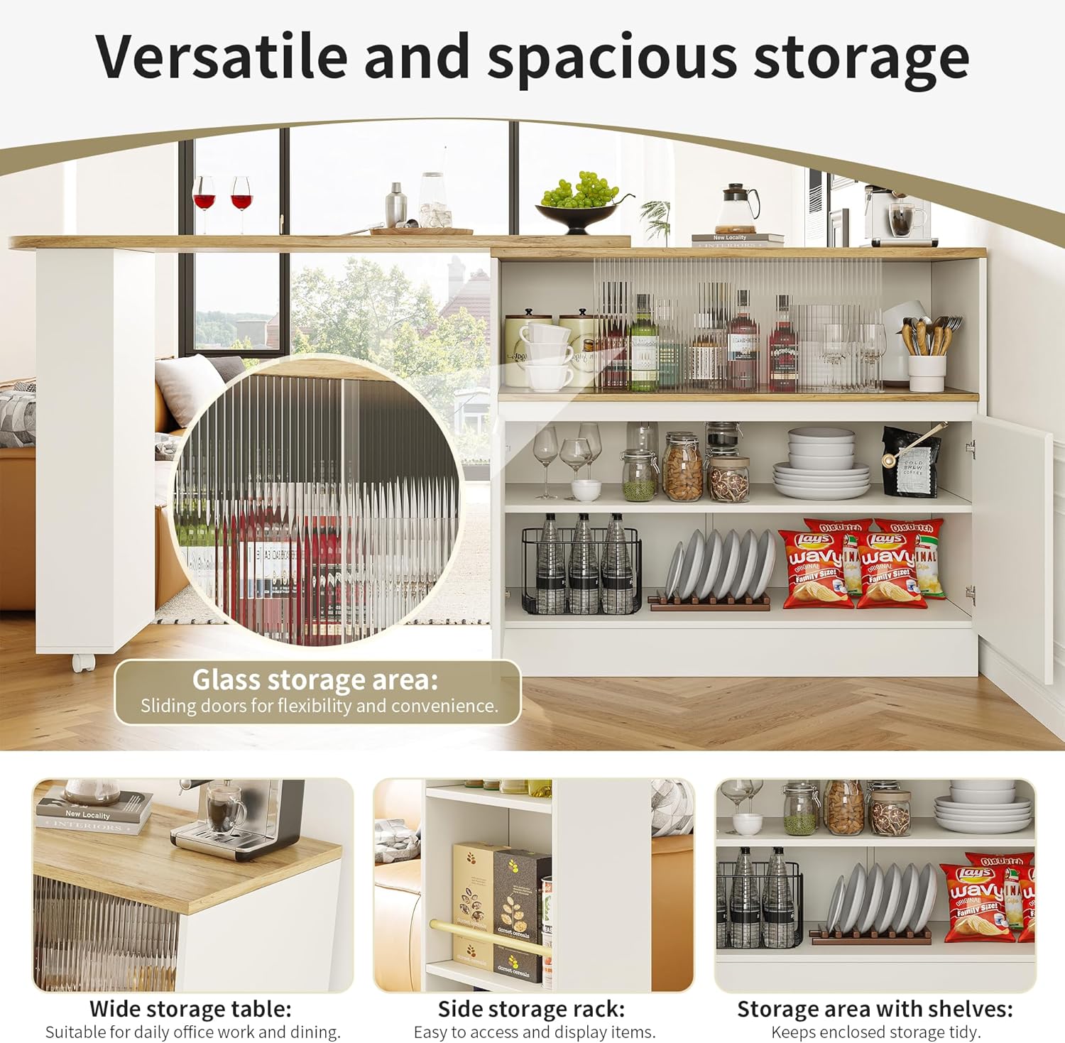 Azkoeesy Bartisch Esstisch 360° drehbare mit Stauraum, 90 x 45 x 100-165 cm, mit Rollen, Seitenregal, Schiebetüren aus Glas, Stehtisch/Bistrotisch/Hochtisch/Kücheninsel, weiß