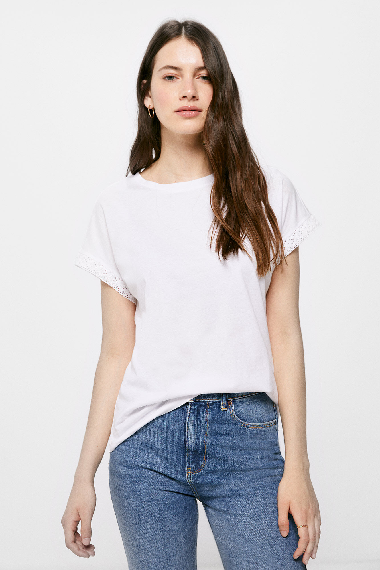 Camiseta de manga de crochê lisa - Branca