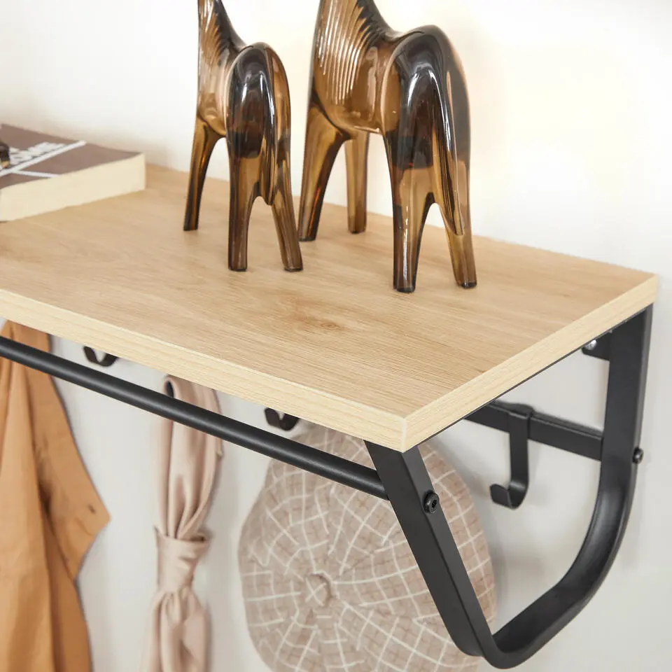 Hangende Kapstok voor Muur of Wand - 8 Haken en 1 Bar - 90 cm Lang - Lichte Eik