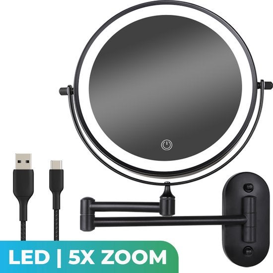 Mirlux make-upspiegel met ledverlichting, cosmetische spiegel, 5x vergroting scheerspiegel, wandmodel, zwart