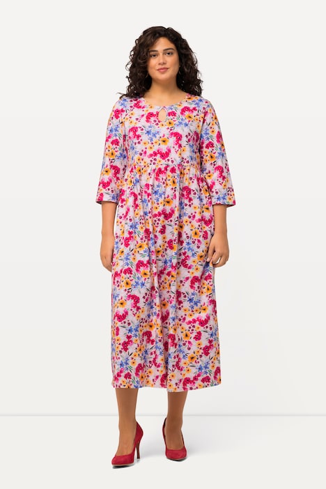 Jerseykleid, Blumen, Rundhals, Keyhole, 3/4-Arm
