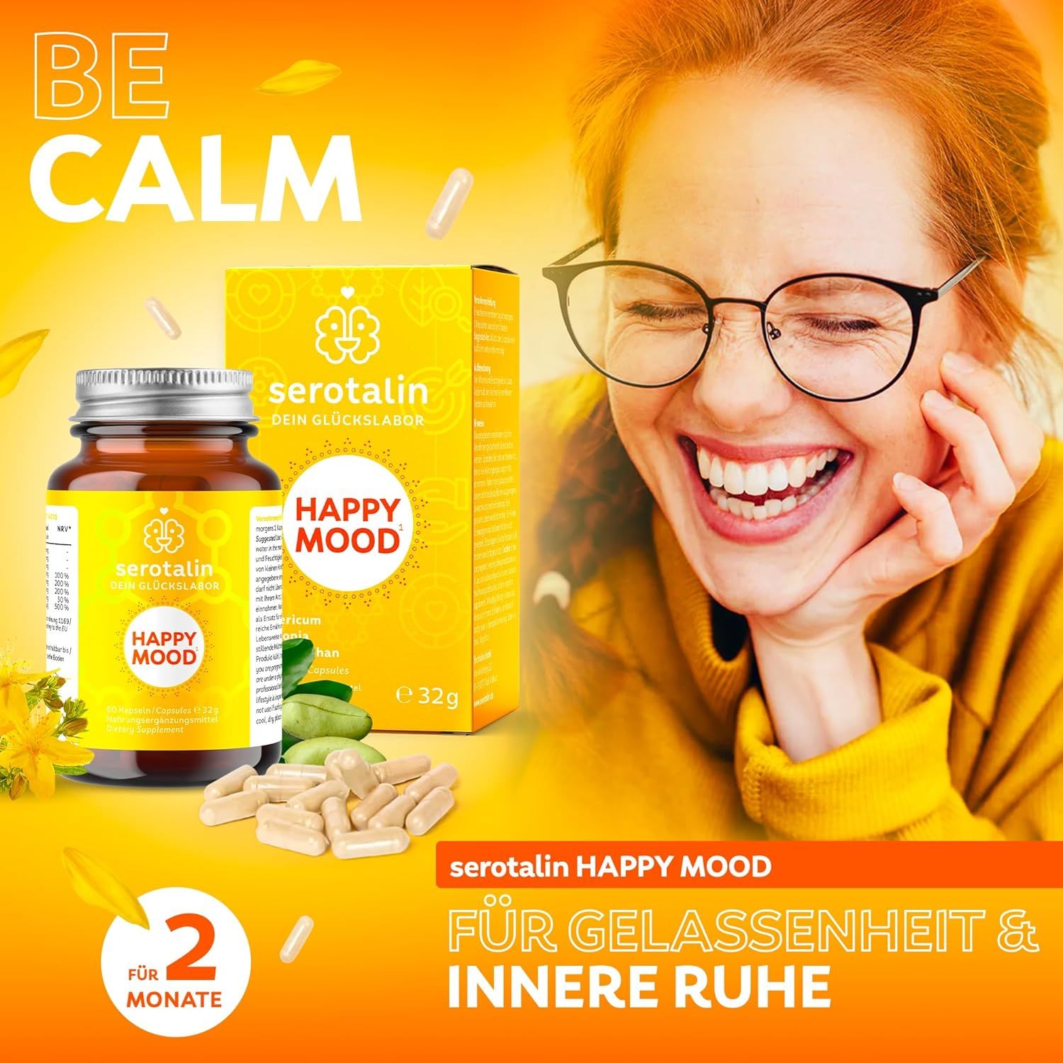 serotalin HAPPY MOOD 60 KAPSELN - Johanniskraut, 5-HTP & L-Tryptophan | Stimmungsboost | koffeinfrei