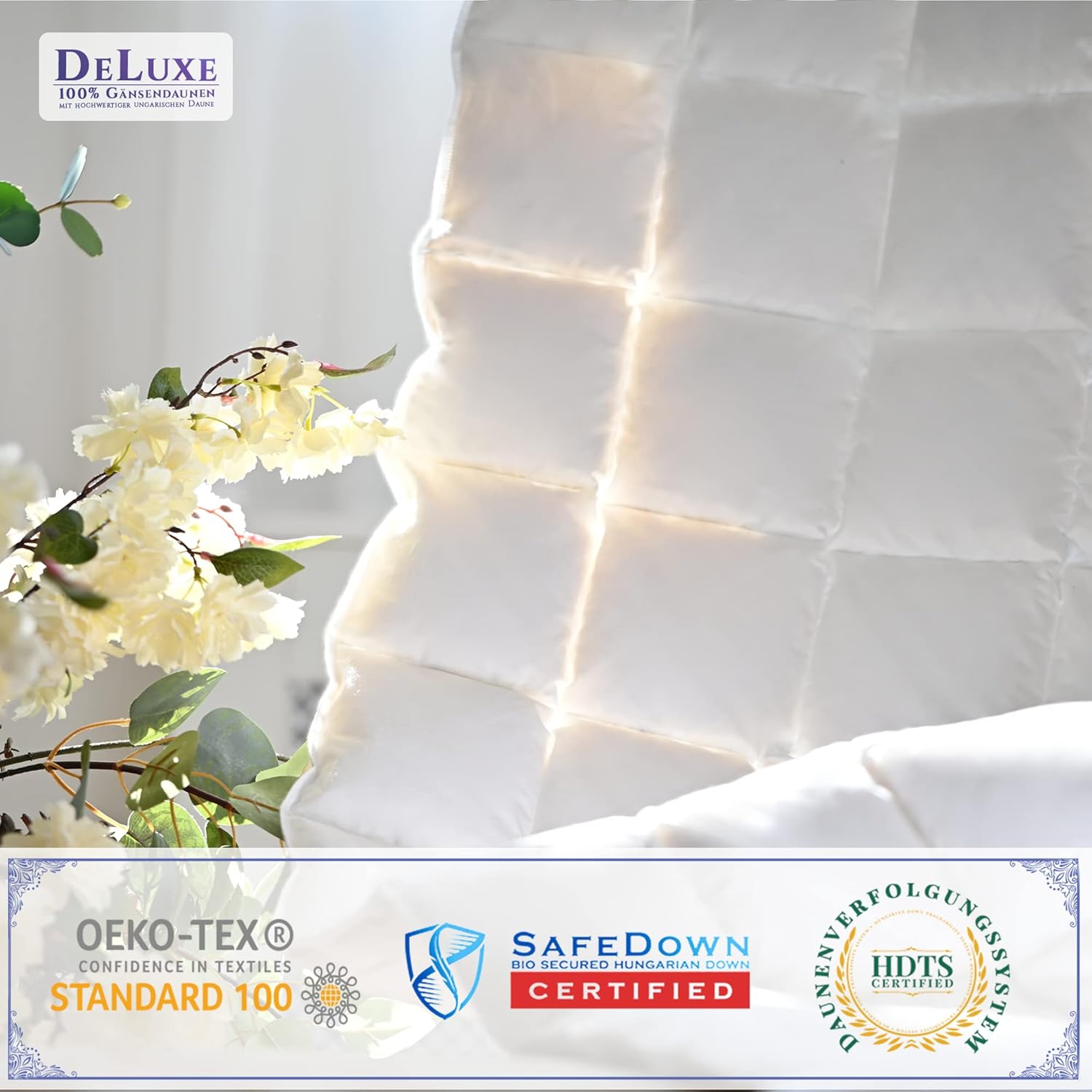 Aura® Luxus Sommer Daunendecke 200x200 cm leicht | Deluxe 100% ungarische Gänsedaunen Klasse I | Baumwolle Oeko-TEX® Standard 100 | Allergikergeeignet Sommer Bettdecke