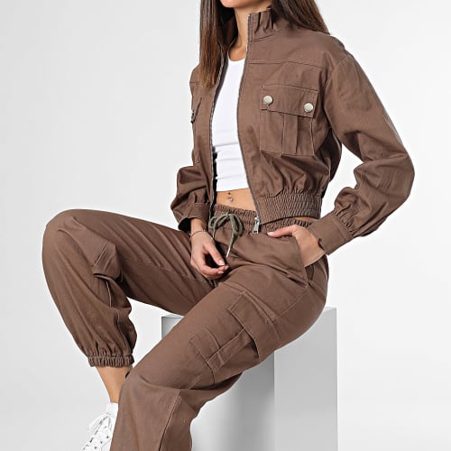 Ensemble Veste Zippée Et Pantalon Cargo Femme Marron