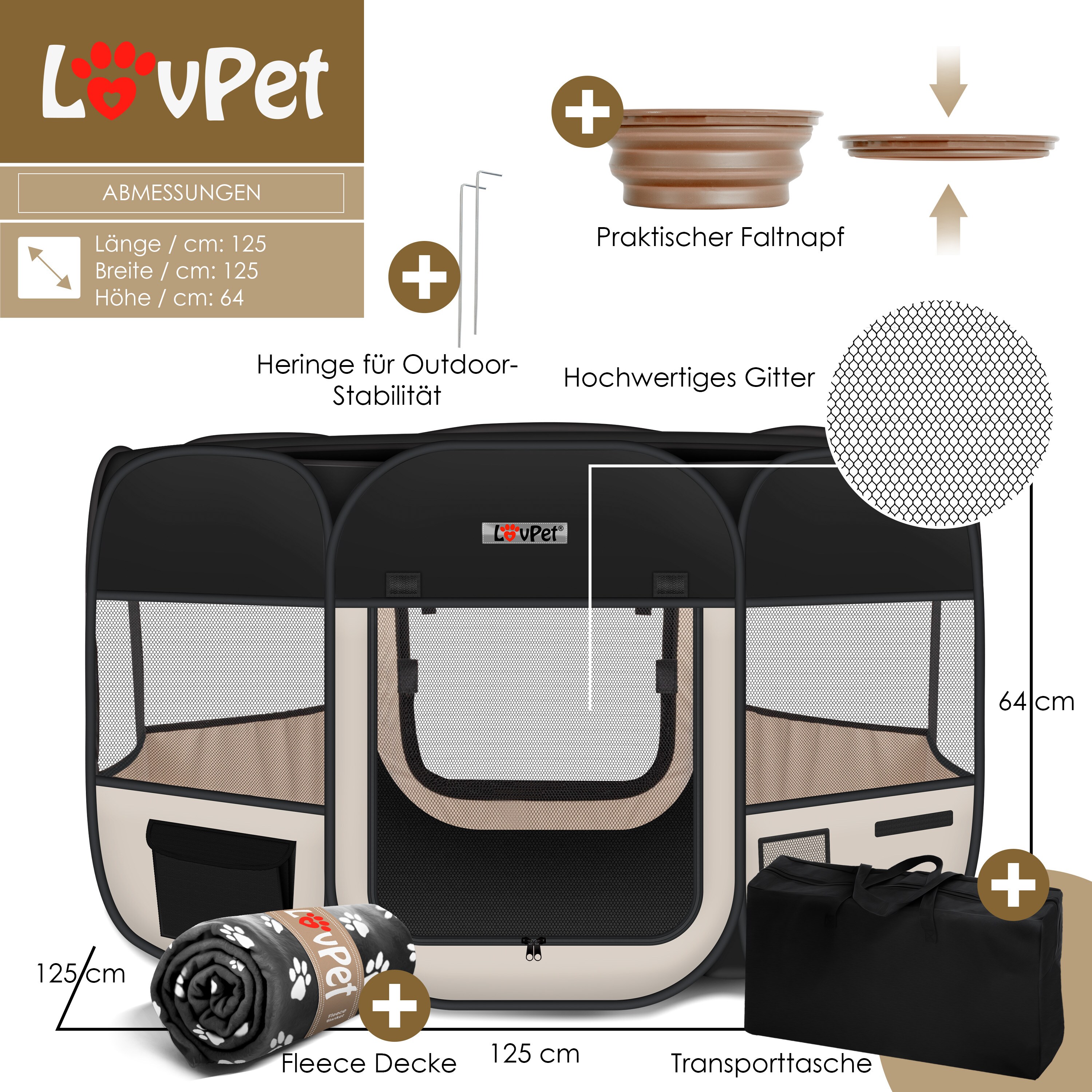 LOVPET® Welpenlaufstall Tierlaufstall Faltbar für Kleintiere Hunde, Katzen Inkl. Hundenapf Hundelaufstall Freigehege Oxfordgewebe Pop-up System Indoor & Outdoor