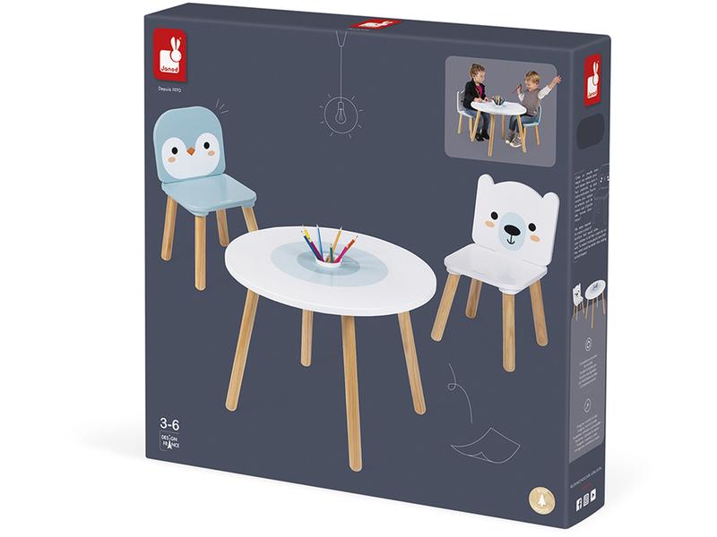 Janod Kindertisch- und Stuhlset Arktis 3-teilig Holzmöbel im Polar-Design