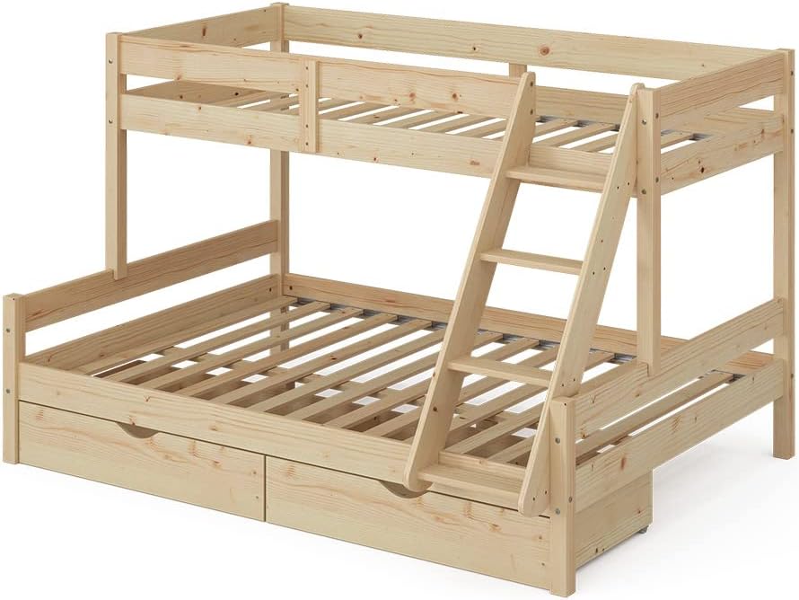 Etagenbett 140x200 / 90x200 cm Everest mit Schubladen - Naturholz 208x131x159 cm aus Holz - Bett für Kinder & Gäste, inklusive Lattenroste