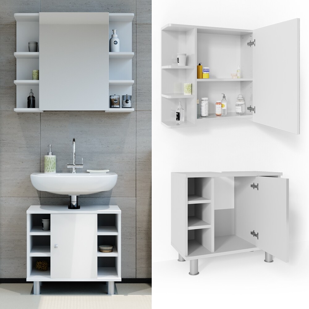 VICCO Badmöbel Set FYNN 2 Teile Weiß Hochglanz - Badezimmer Spiegel Badunterschrank Bad Badschrank