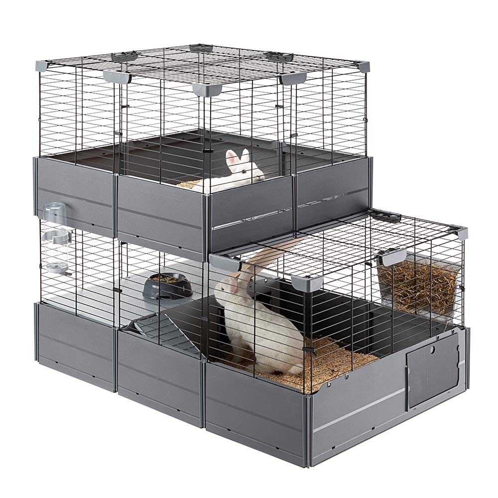 Cage modulable à deux niveaux pour lapins cochons d'inde multipla double, en grillage métallique et plastique recyclé, avec