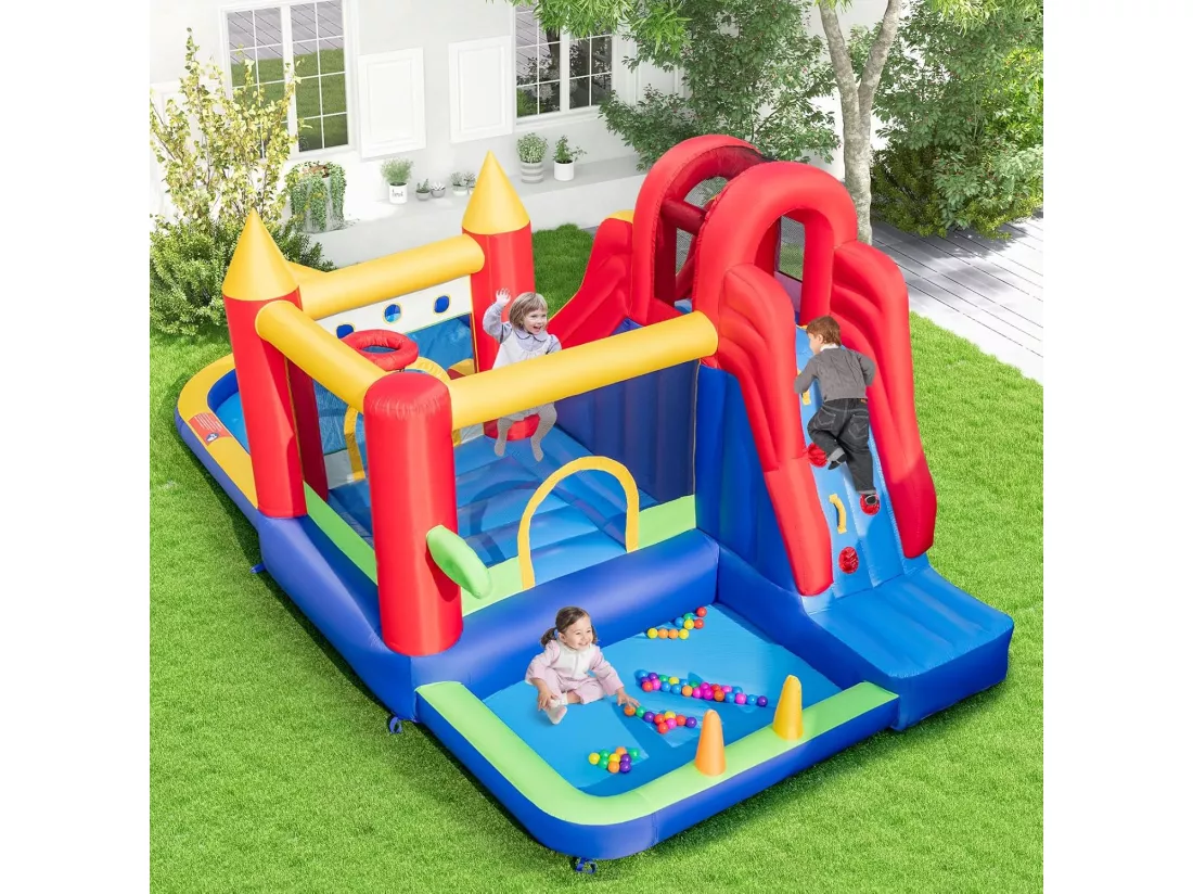 Château Gonflable avec Toboggans Aquatiques, Aire de Jeux Gonflable Piscine avec Motif de Boisgouin, Canon à Eau, Panier de Basket-Ball 3 à 10 Ans Vert Sans Souffleur 680W
