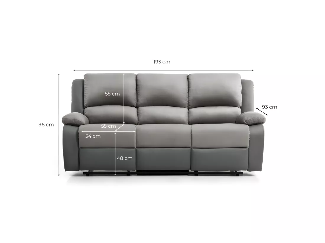 Canapé Relaxation 3 places Microfibre et Simili Léo - Gris et Noir - L193 x 93 x 96cm - Loungitude