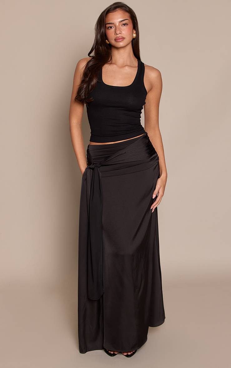 Noir Jupe Longue Drapée En Satin Avec Nœud