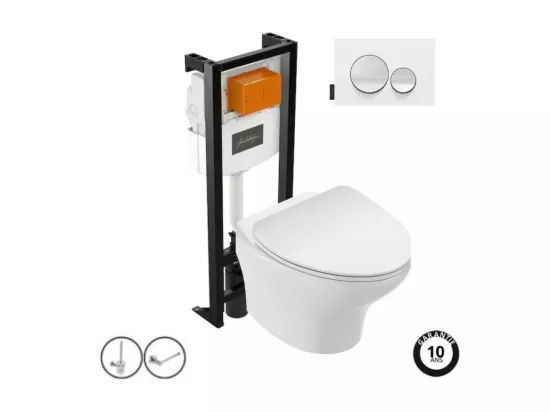 Pack WC suspendu sans bride compact JACOB DELAFON Nouvelle vague+ bâti-support + plaque Blanc brillant/Blanc mat + accessoires