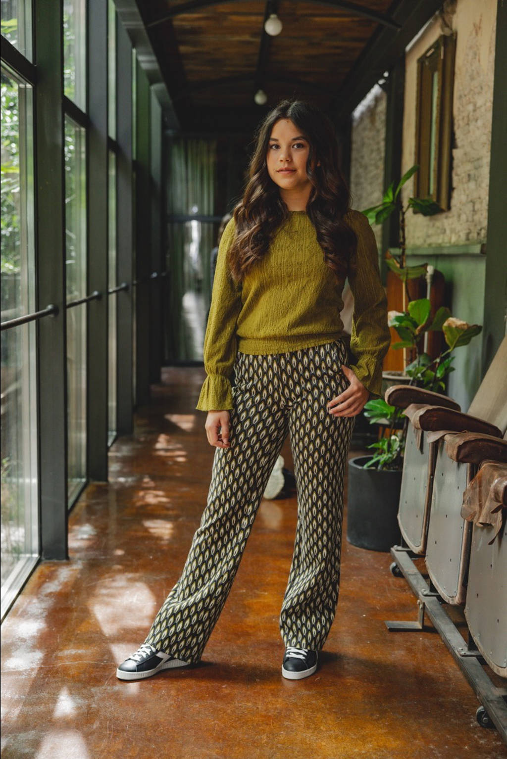 LOOXS loose fit broek met all over print mosgroen/zwart