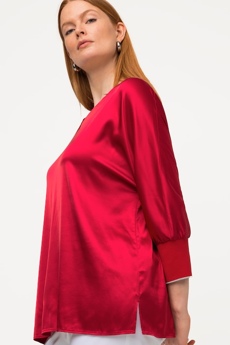Bluse, Satin, V-Ausschnitt, 3/4-Fledermausärmel