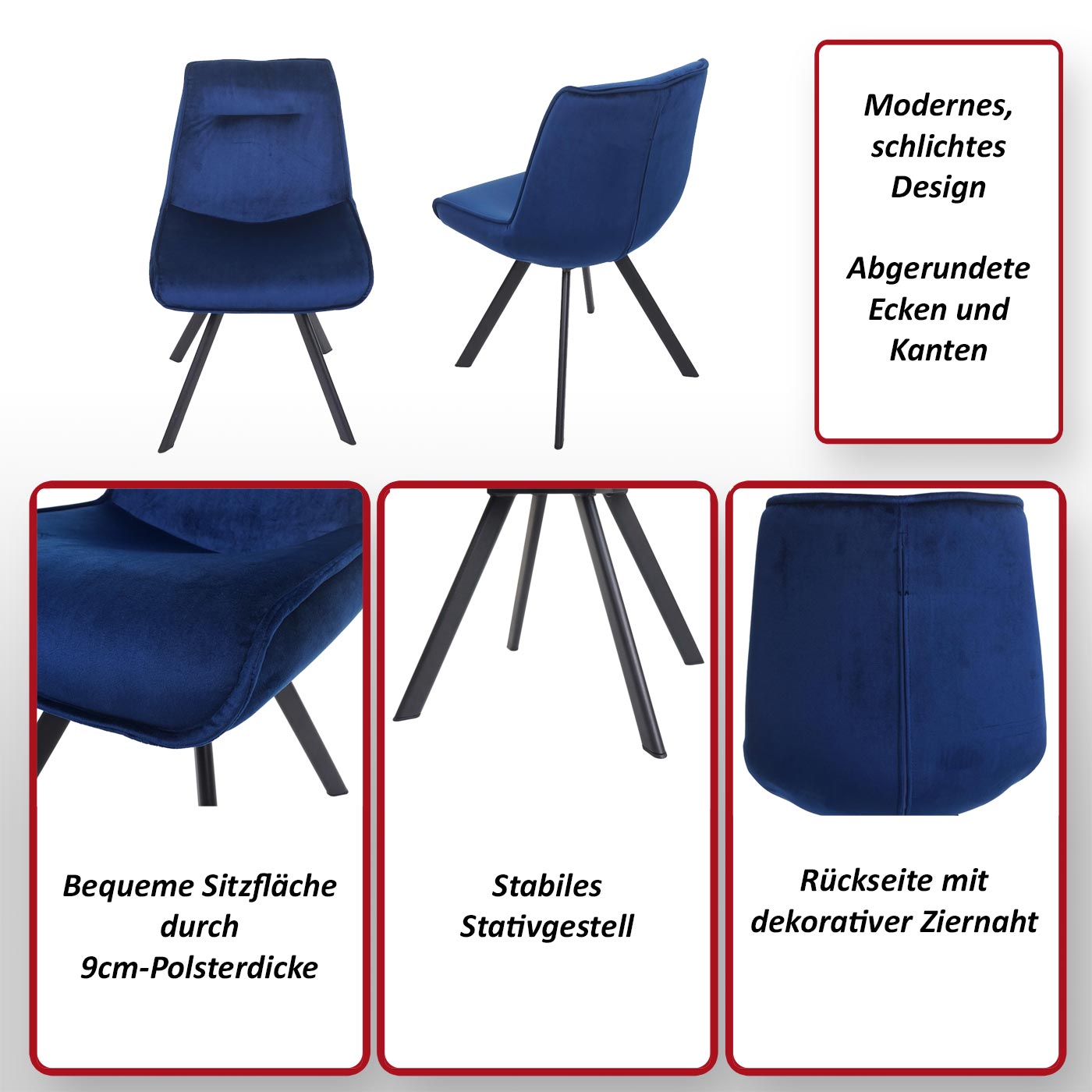 2er-Set Esszimmerstuhl MCW-K24, Polsterstuhl Küchenstuhl Lehnstuhl Stuhl, Metall Samt ~ blau