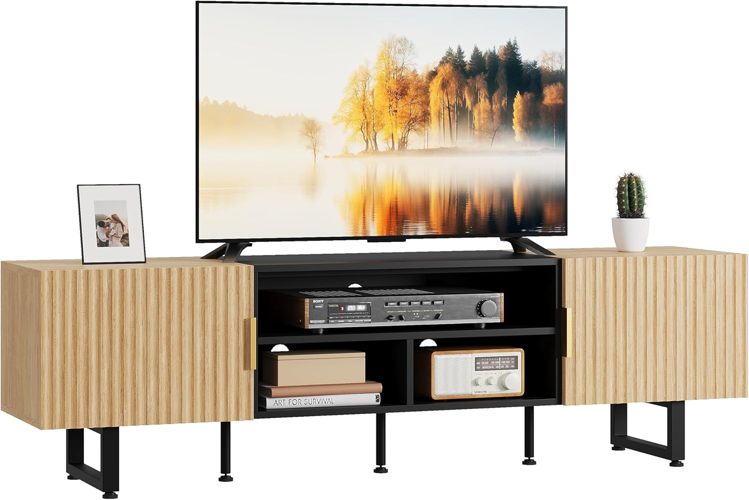 IRONCK TV Schrank 180cm Lowboard für Fernseher bis zu 65/75/80 Zoll, Fernsehtisch mit 2 Türen 3 offenen Fächern, Fernsehschrank Holz, Modern TV Board für Wohnzimmer, Schlafzimmer (Schwarz/Eiche)