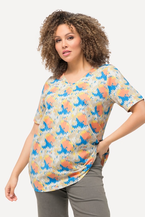 T-Shirt, Zierfalten, A-Linie, V-Ausschnitt, Halbarm