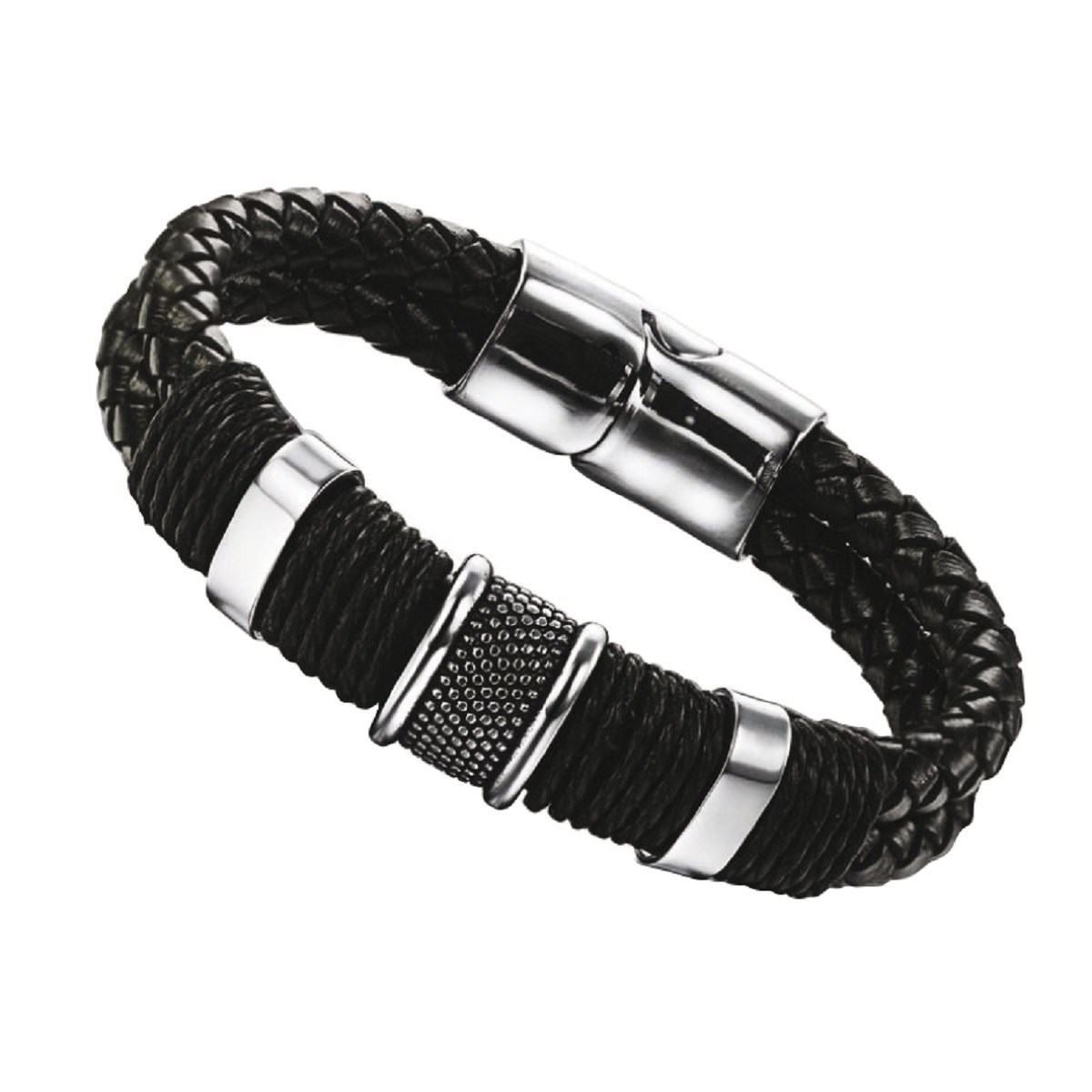 Bracelet jonc deux rangs cuir tressé et fils ADAM