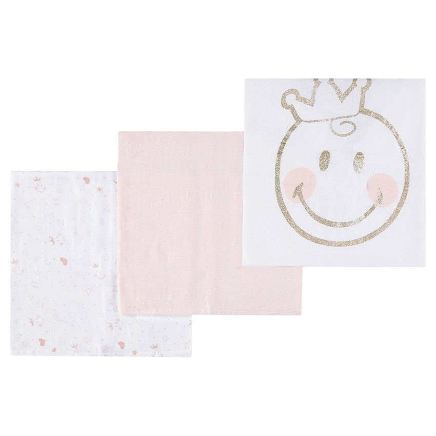 Set de 3 langes en tétra motif Smiley Girl - Rose