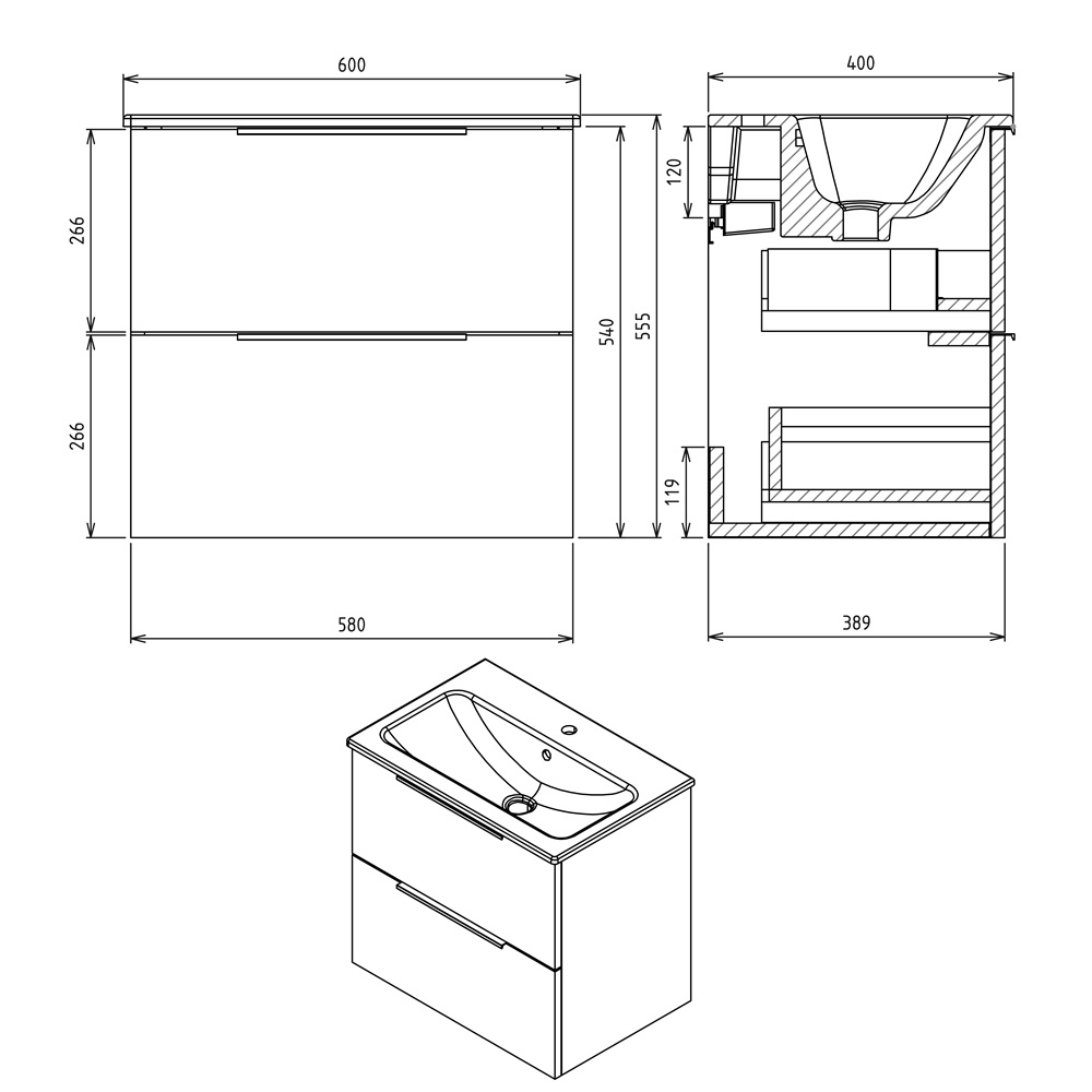 Sapho Cirasa Compact wastafel onderkast met ribbelfront 60x39x54cm antraciet