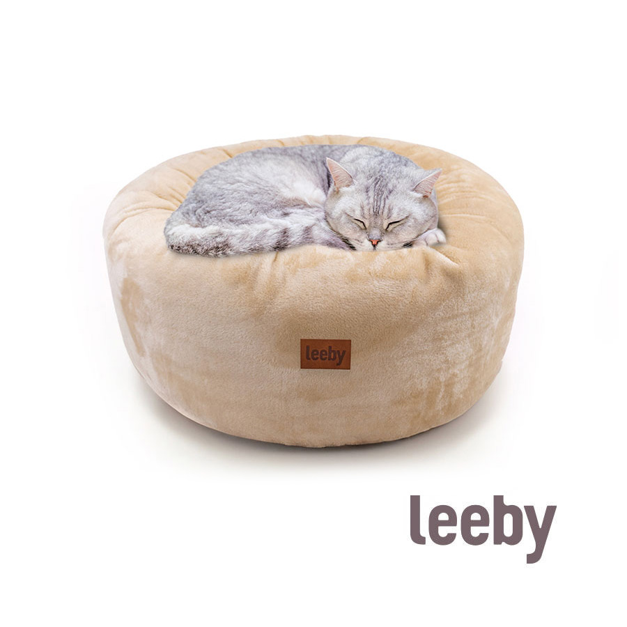 Cama Leeby Premium em formato de donut com capa removível de veludo branco para gatos.