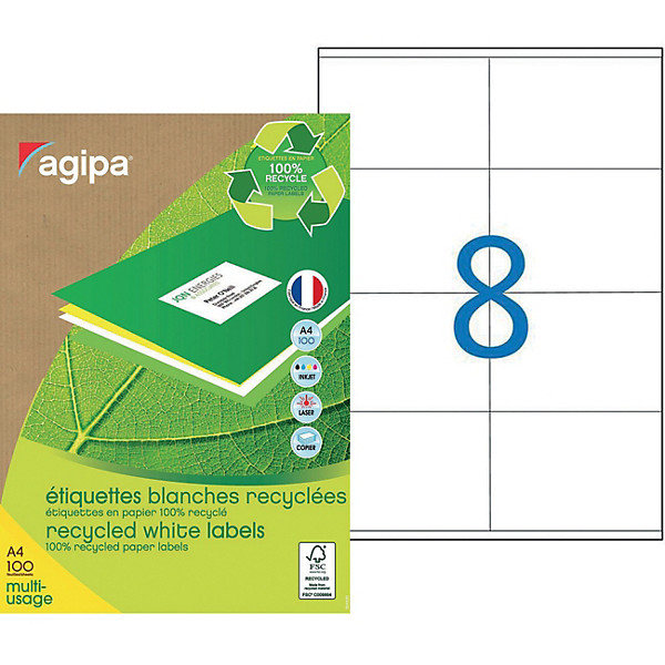 AGIPA 101192 Etiquettes blanches recyclées multi-usage 105 x 70 mm - Boîte de 800