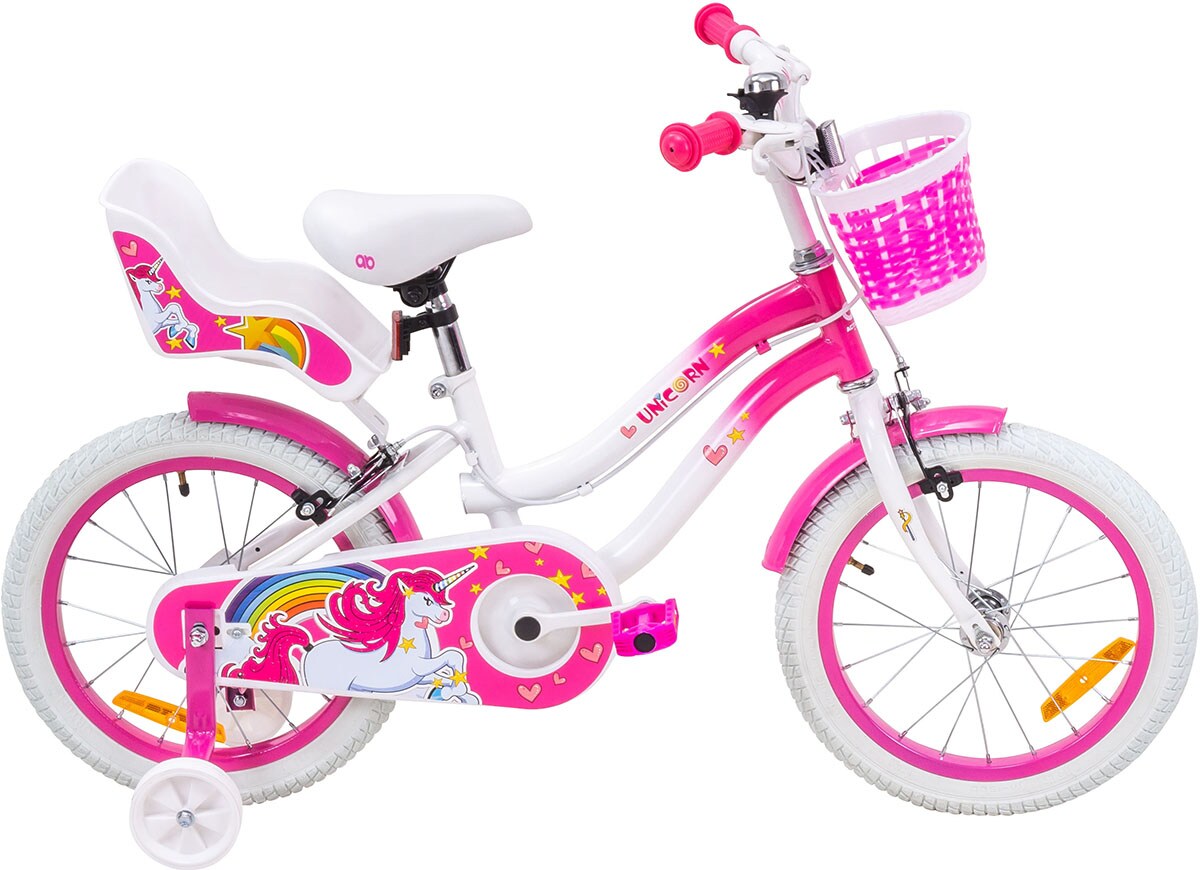 Actionbikes Kinderfahrrad Unicorn 16 Zoll, Pink, Einhorn-Design, Puppensitz, Stützräder, Fahrradkorb