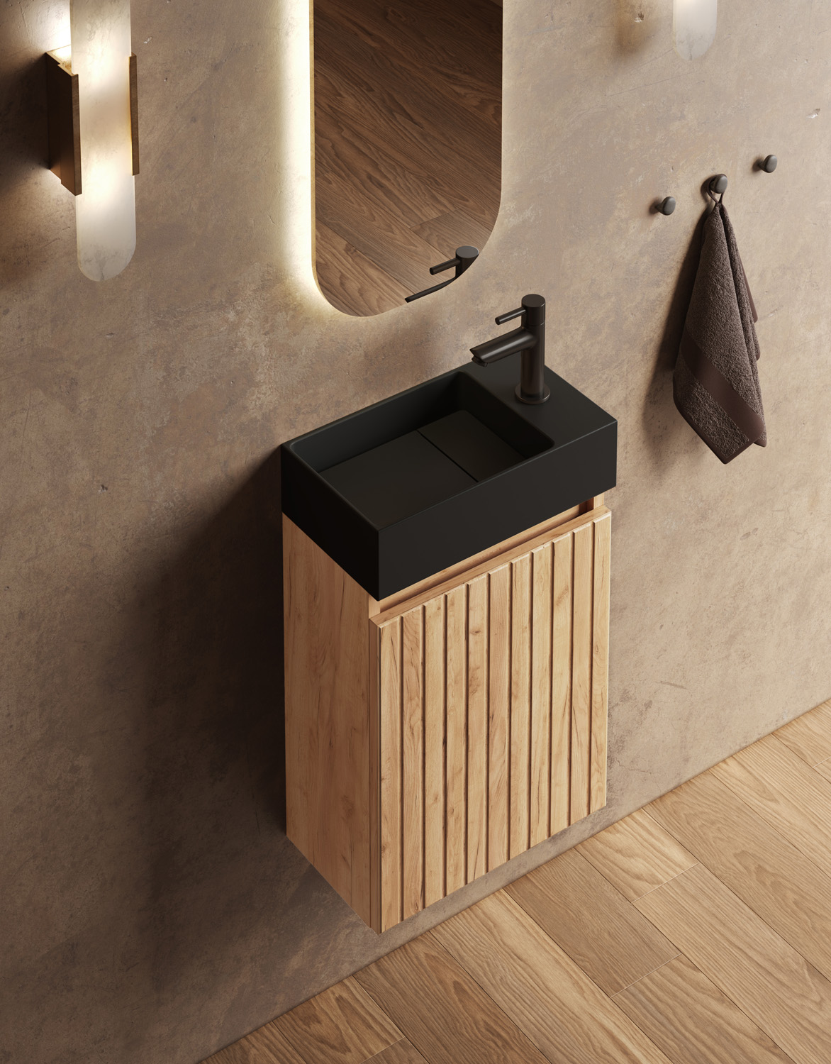 Fontana Itsie toiletmeubel warm eiken ribbelfront 40cm met fontein in mat zwart