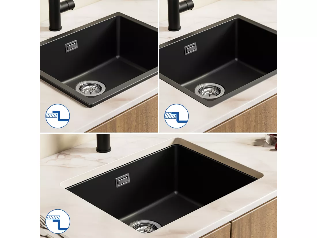 CECIPA MAX Evier 1 Bac en Quartz et Résine Noir Gris 55*44*20cm + Mitigeur de Cuisine avec Douchette Extractible Avec 3 Modes de Sortie D'eau Noir